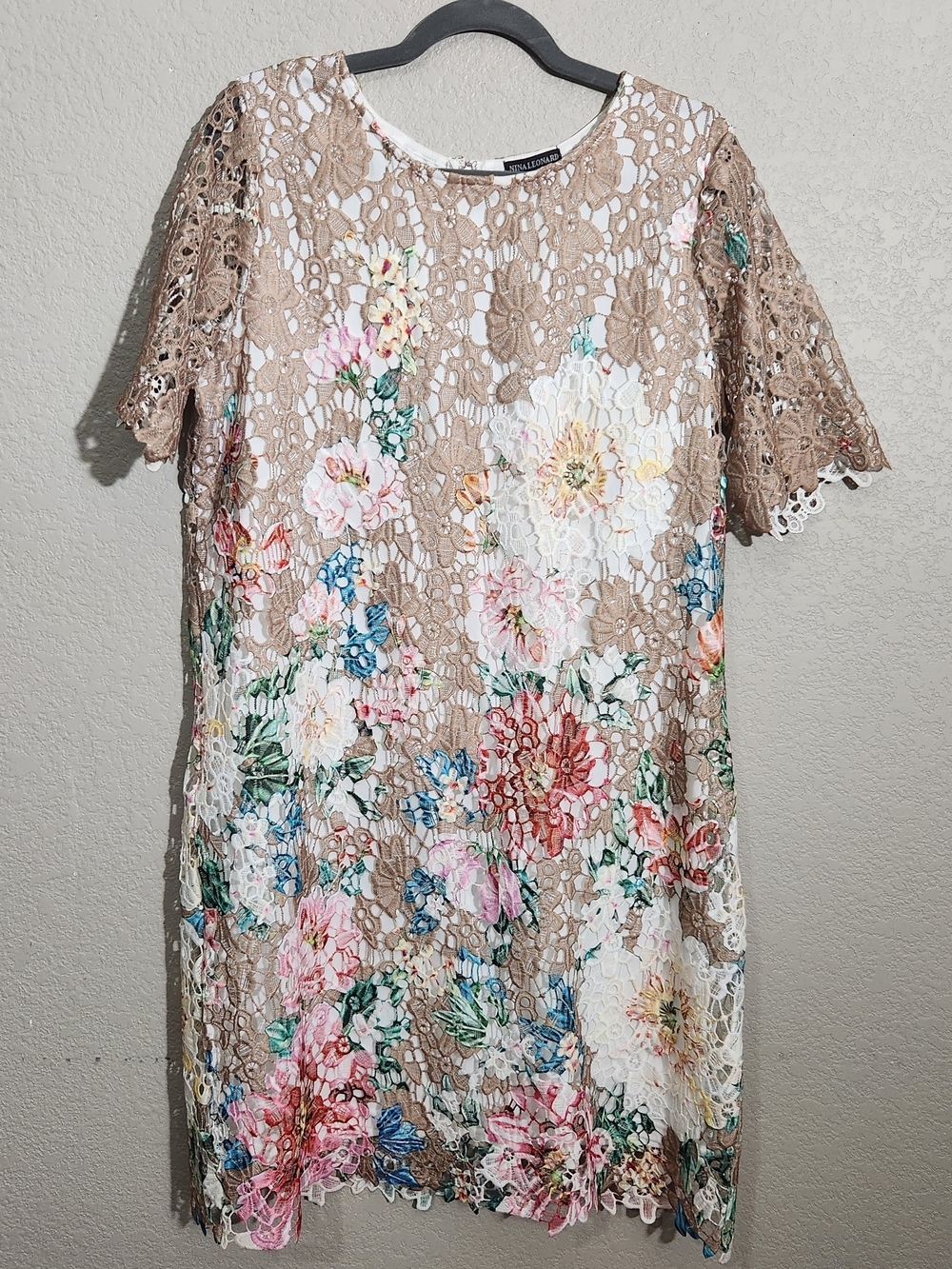 Nina Leonard Beige Floral Lace Midi Dress with Multicolor Blooms